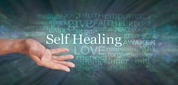 Masculine Self Help Healing Word Tag Cloud - male open hand with the words SELF HEALING and a relevant word cloud against dark  green radiating gaseous effect background 
