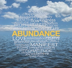 Words associated with ABUNDANCE ocean sky concept - circular word cloud relevant to the law of attraction against a rippling sea water and cloudy sky background ideal for a holistic wall art print
