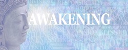 Wall Art Buddhism Words associated with Awakening - pale blue side facing Buddha head next to a word cloud relevant to AWAKENING on a soft blue bokeh background
