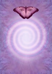 Spiritual Butterfleyes spiral message template - paranormal concept of magenta butterfly with human eyes peering out against an ethereal wispy purple lilac and white spiral background 