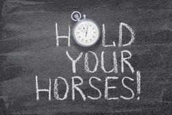 hold your horses exclamation written on chalkboard with vintage stopwatch used instead of O