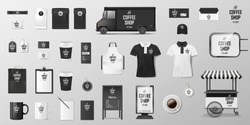 Restaurant Corporate Branding identity template. Realistic MockUp design for Coffee, Cafe, Fast food, set of uniform, delivery truck, envelope, cup. Vector illustration