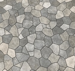 Seamless flagstone outdoor paving textures, cobblestone cut flat in random pieces, grey, light grey, beige, and charcoal color. Monochrome. Pavement surface texture. Landscape paving stone background