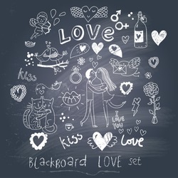 Blackboard romantic set in vector. Cartoon love symbols in vintage style