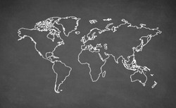 World map drawn on chalkboard. Chalk and blackboard.