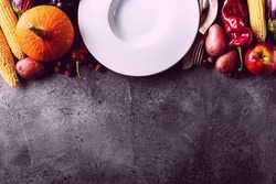 Seasonal Harvest Autumn Concept. Empty Plate with Tasty appetizing fresh autumn seasonal vegetables fruits on grey background top view above copy space