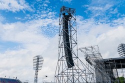 Stadium sound system tower for major concert festival tour