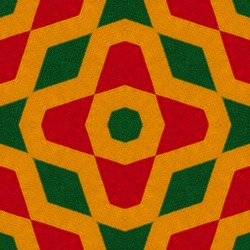 Reggae colors crochet knitted style background, top view. Collage with mirror reflection with rhombus. Seamless kaleidoscope montage for cushion, blanket, plaid, t-shirt graphics, cloth, poster