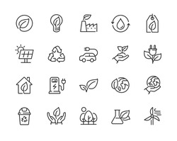 Eco friendly related thin line icon set in minimal style. Linear ecology icons. Environmental sustainability simple symbol. Editable stroke 