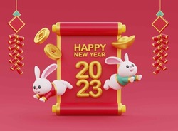 3d illustrated rabbit sitting on hexagon podium. Japanese paper fan, red doors in the back and golden oriental style decoration around. Text: Happy the year of rabbit. May everything goes as you hope.