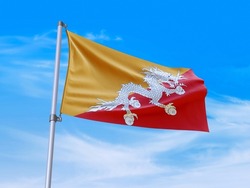 Beautiful Bhutan flag waving with sky background - 3D illustration - 3D render