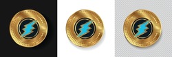 Set of Electroneum ETN crypto currency logo symbol vector isolated on white, dark and transparent background. Can be used as golden coin sticker, icon, label, badge, print design and emblem