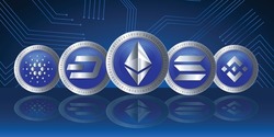 Set of cryptocurrency logo symbol vector technology banner. Crypto icons of ethereum, Dashcoin, Solana, Binance coin and Cardano altcoins.