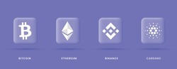 Creative minimal set off crypto currency logos isolated on blue background vector illustration. Bitcoin BTC, Ethereum ETH, Binance BNB and Cardano ADA cryptocurrency symbols.