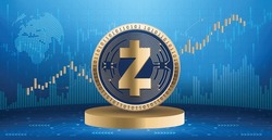 Zcash ZEC crypto currency coin logo and symbol over financial infographic background. Futuristic technology vector illustration banner and wallpaper 
