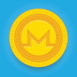 Monero XMR golden coin isolated on blue background. Cryptocurrency vector illustration eps 10 template.