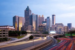 Blurred car lights on the freeway at downtown Atlanta; Georgia; USA