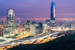 Skyline of Santiago de Chile with modern office buildings at financial district in Las Condes.