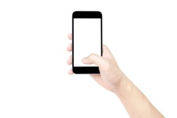 Hand holding black smartphone with blank screen isolated on white background. Clipping path embedded.