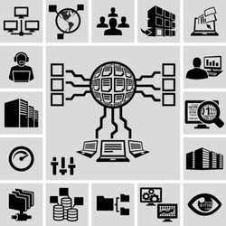 Servers, network, database, data analytics icons set