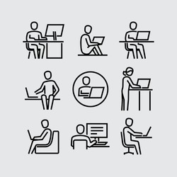 People Working With Computer Vector Line Icons