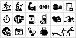 Vector bodybuilding icons set. All white areas are cut away from icons and black areas merged.