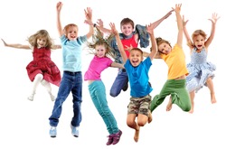 Large group of happy cheerful sportive children jumping, sporting and dancing. Isolated over white background. Childhood, freedom, happiness, active lifestyle concept.