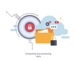 Concept of cloud computing and protecting data, network technology. Multimedia content and web sites hosting.Security and protection. Cloud service. Vector Illustration. Flat design.