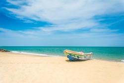 Beautiful Tropical Beach In Kalpitiya, Sri Lanka. These boats used to take people to watch dolphins
