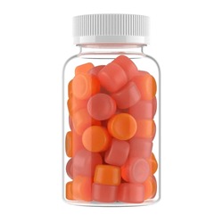 Transparent glass bottle filled with orange vitamin fiber gummies, healthy vitamin bottle without label