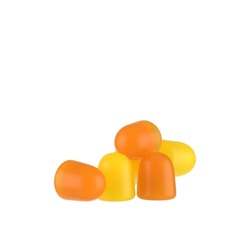 Omega drop shape gummies pile isolated on floor, closeup shot gummy orange lemon yellow gummies
