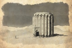 A real hand-drawn sketch with digital pencil and brush with old paper vintage effect of the Tower of Toghrul (Tugrul Tower, Iran) in ancient time. Ancient Islamic architecture