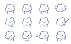 Clouds smile. Vector clean isolate illustration. White background, blue characters. Set of Emoticons flat emoji