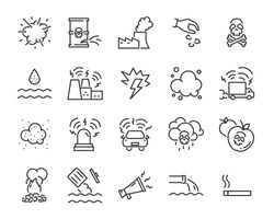 set of pollution icons, such as air pollution, sound pollution, water pollution