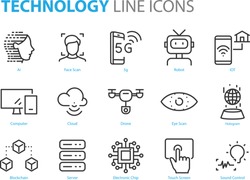 set of technology icons, 5g, ai, gesture, robot, iot