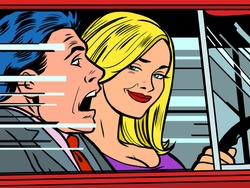 Female driver and male passenger. Cartoon comic book pop art illustration drawing