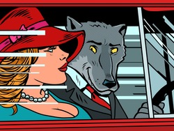 Wolf and Little Red Riding Hood in the car. Cartoon comic book pop art illustration drawing