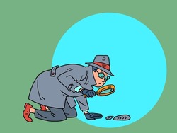 A detective with a magnifying glass examines the tracks. a private detective, a man in a coat, hat and glasses
