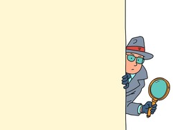 The detective looks out with a magnifying glass from behind the door, a man in a coat, hat and glasses