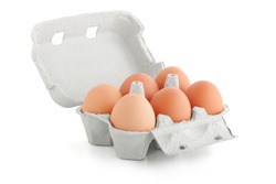 carton box with six eggs isolated on the white background