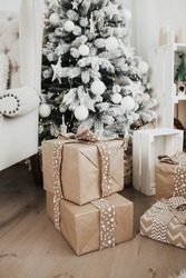 Christmas location. Boho style. New Year decorations. many gifts. Beautiful place for Photoshoot. Christmas time.