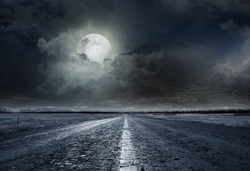 asphalt road night bright illuminated large moon