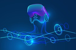 Man wearing virtual reality glasses. Amazing experience in abstract vr world. Vector illustration