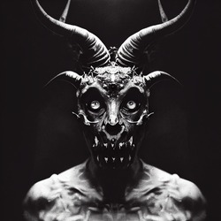 Scary demon with horns and evil look. Glowing eyes, devil inspiration, fear and hell atmosphere. Photo realistic, concept art, cinematic light, background, wallpaper, illustration
