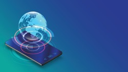  Smartphone with hologram earth digital network connecting concept
