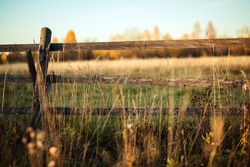 autumn field on a sunny evening, wooden fence, yellow grass and forest in the distance. Image with Selective focus