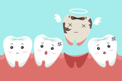 Dental cartoon of missing tooth. Cute cartoon dental care concept. Illustration isolated on blue background.