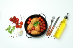 Concept of tasty food with cutlets on white background