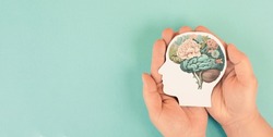 Hands holding paper head, human brain with flowers, self care and mental health concept, positive thinking