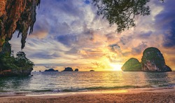 Panorama Sunset in Railay beach at Krabi province Thailand